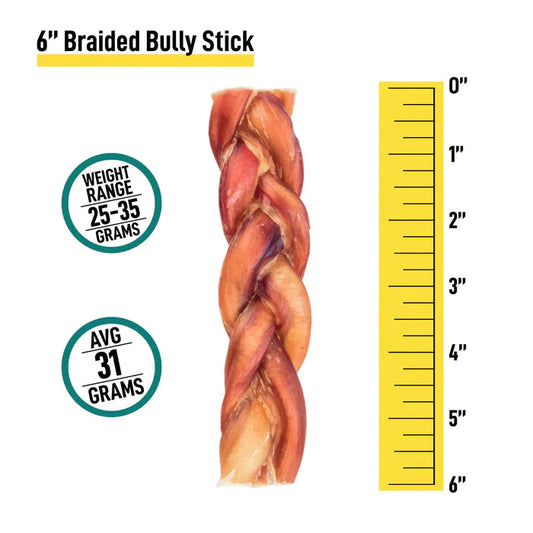 Lof Premium 6-Inch Braided Bully Sticks - Odor-Free, 100% Beef Pizzle