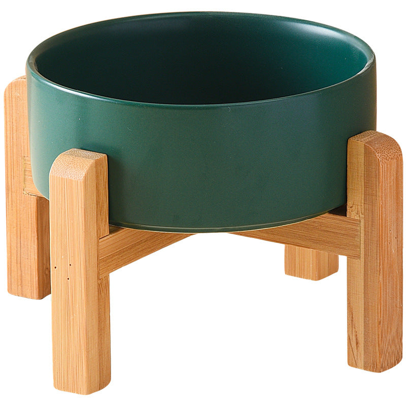 Pet Anti Rollover Ceramic With High Bamboo And Wood Frame Bowl